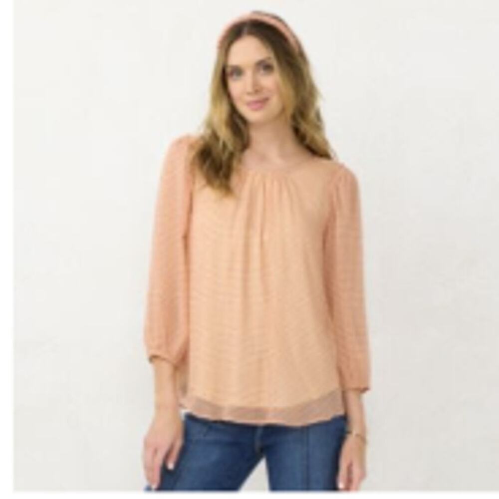 Women's LC Lauren Conrad Flowy Puff-Sleeve Top Copper Gingham M